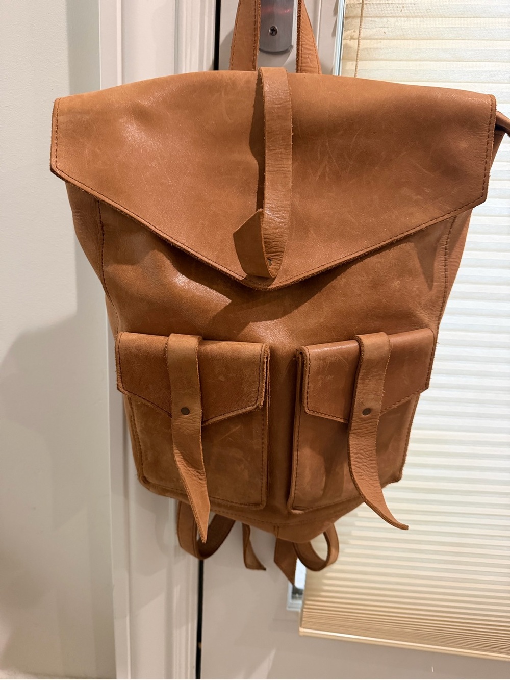 Raven + Lily Cognac Leather Roll-Top Backpack with Front Pockets